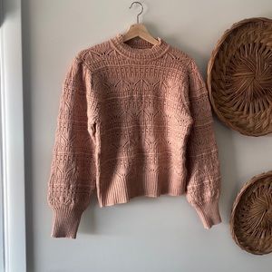 Design history chunky knit tan crochet detail sweater puff sleeves sz small